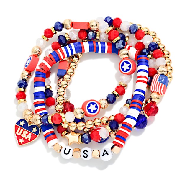 Set Of Five Beaded Americana Stretch Bracelets 

- Approximately 3" D