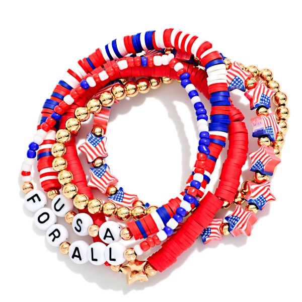 Set Of Five Beaded Americana Stretch Bracelets Featuring Star American Flag & Heishi Beads 

- Approximately 2.5" D
