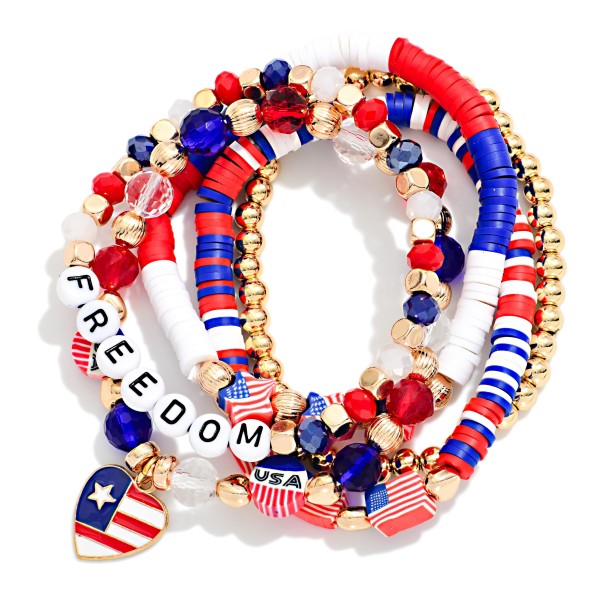 Set Of Five Beaded Americana Stretch Bracelets Featuring Heishi & "FREEDOM" Beads 

- Approximately 3" D