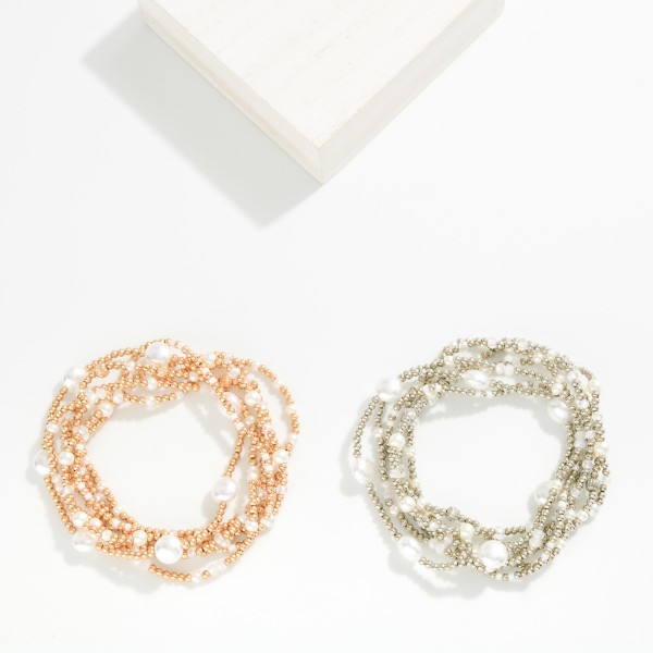 Set Of 7 Metal Tone Bead & Pearl Beaded Bracelets 

- Approximately 2.5" D