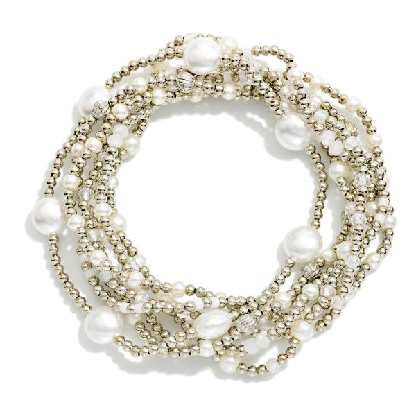 Set Of 7 Metal Tone Bead & Pearl Beaded Bracelets 

- Approximately 2.5" D