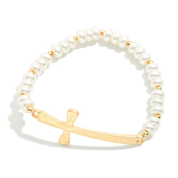Pearl Beaded Bracelet Featuring Hammered Metal East West Cross 

- Approximately 2.5" D