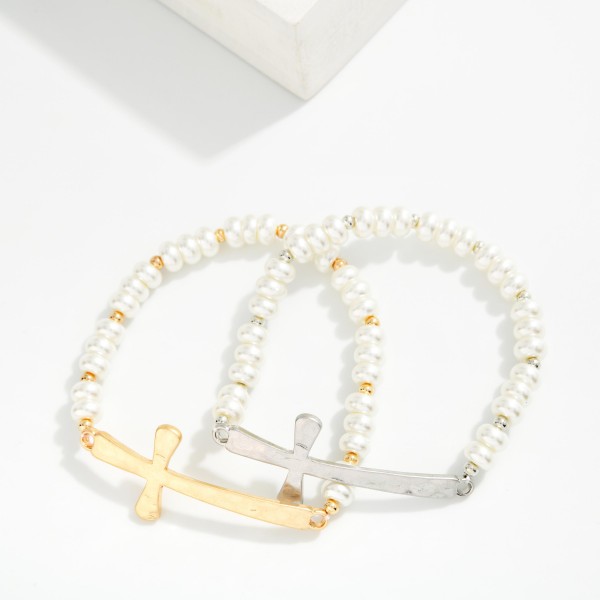 Pearl Beaded Bracelet Featuring Hammered Metal East West Cross 

- Approximately 2.5" D