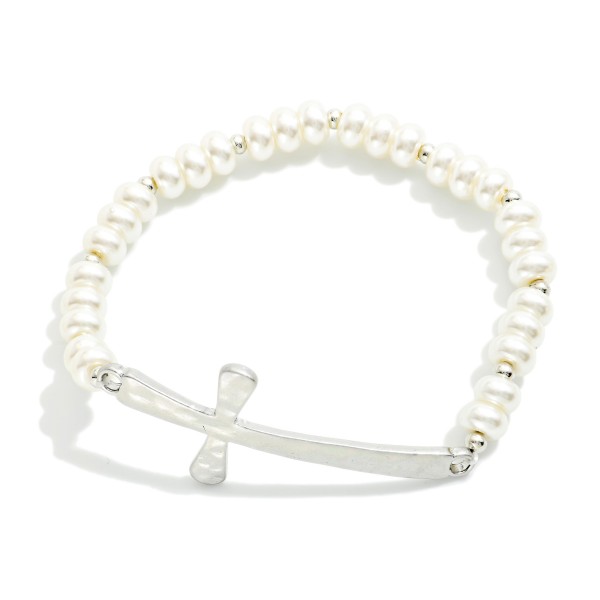Pearl Beaded Bracelet Featuring Hammered Metal East West Cross 

- Approximately 2.5" D