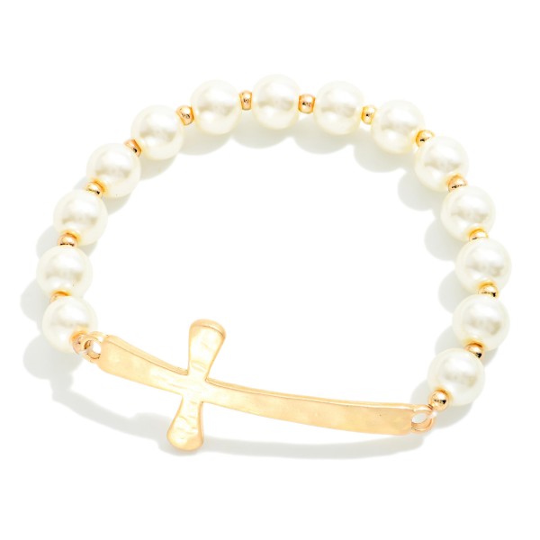 Pearl Beaded Stretch Bracelet Featuring Hammered Metal East West Cross 

- Approximately 2.5" D
