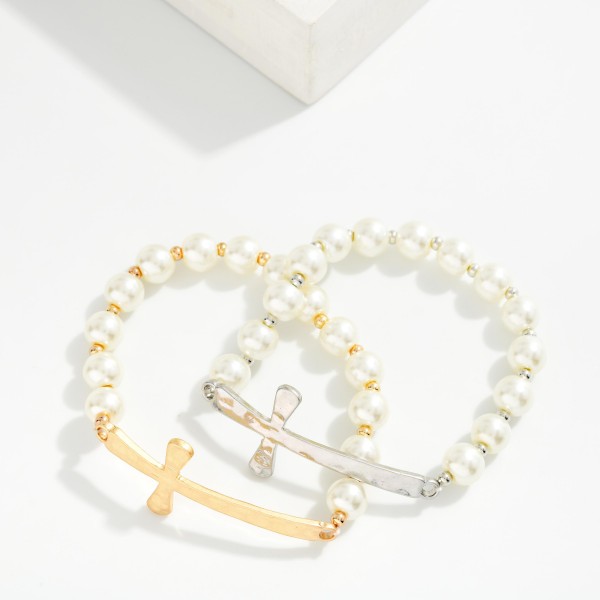 Pearl Beaded Stretch Bracelet Featuring Hammered Metal East West Cross 

- Approximately 2.5" D