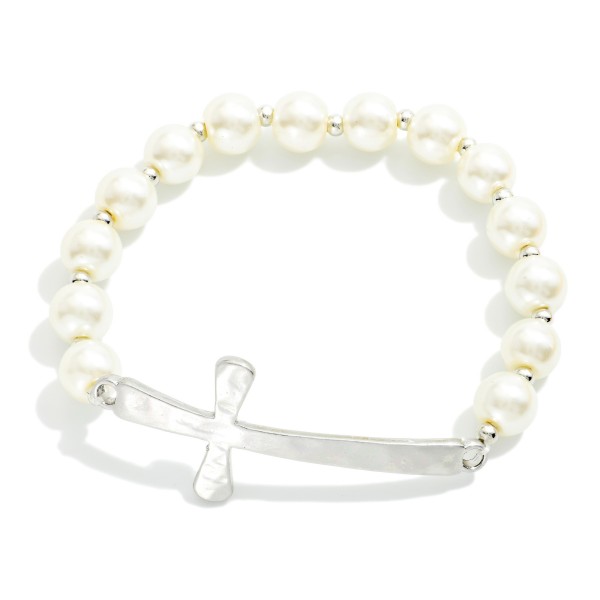 Pearl Beaded Stretch Bracelet Featuring Hammered Metal East West Cross 

- Approximately 2.5" D