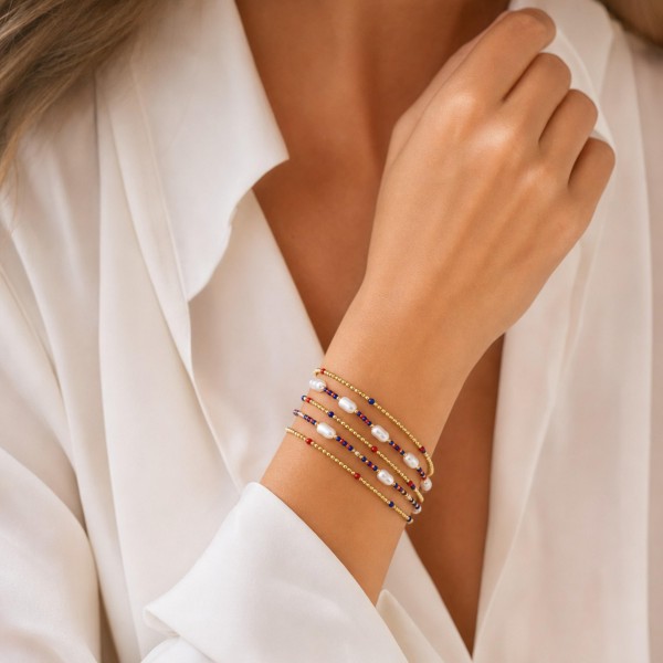 Set Of Five Game Day Beaded Stretch Bracelets With Pearl Details 

- Approximately 2.5" D