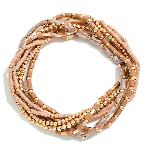 Set Of 7 Petite Bead Beaded Stretch Bracelets Featuring Metal Tones, Heishi Beads, & Cylinder Beads 

- Approximately 2.5" D