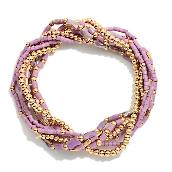 Set Of 7 Petite Bead Beaded Stretch Bracelets Featuring Metal Tones, Heishi Beads, & Cylinder Beads 

- Approximately 2.5" D