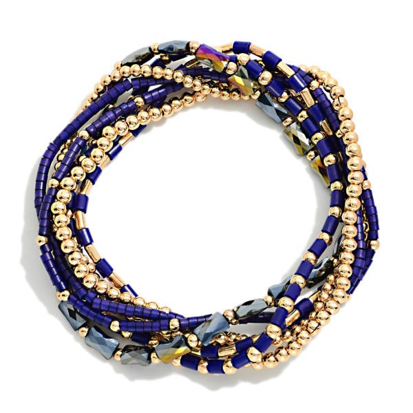 Set Of 7 Petite Bead Beaded Stretch Bracelets Featuring Metal Tones, Heishi Beads, & Cylinder Beads 

- Approximately 2.5" D
