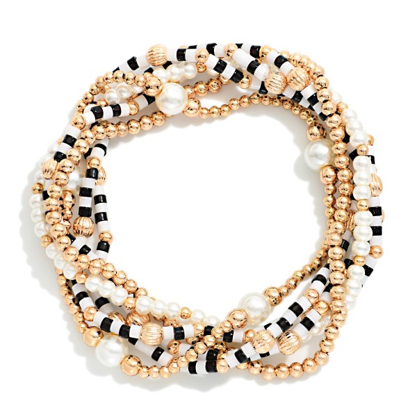 Set Of 6 Gameday Beaded Stretch Bracelets Featuring Heishi Beads, Pearls, & Metal Tones 

- Approximately 2.5" D