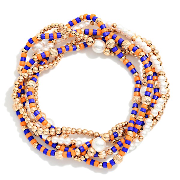 Set Of 6 Gameday Beaded Stretch Bracelets Featuring Heishi Beads, Pearls, & Metal Tones 

- Approximately 2.5" D