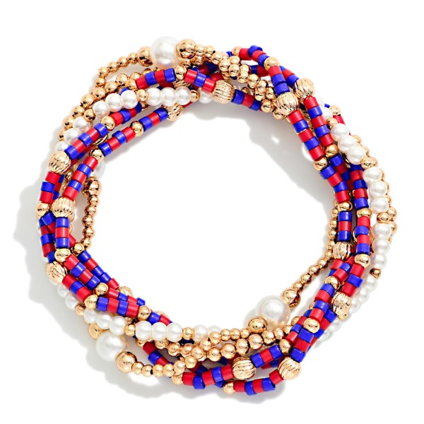 Set Of 6 Gameday Beaded Stretch Bracelets Featuring Heishi Beads, Pearls, & Metal Tones 

- Approximately 2.5" D