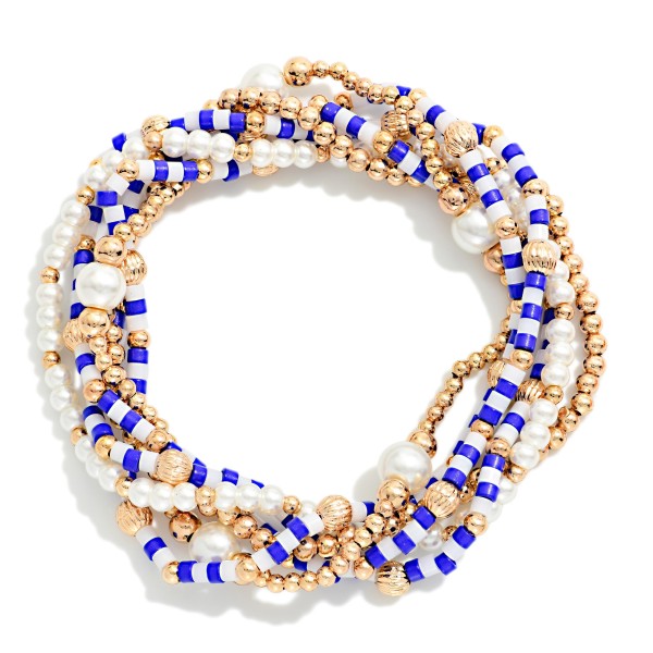 Set Of 6 Gameday Beaded Stretch Bracelets Featuring Heishi Beads, Pearls, & Metal Tones 

- Approximately 2.5" D