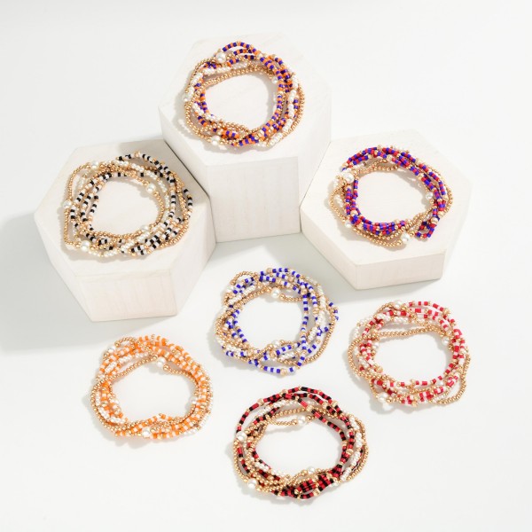 Set Of 6 Gameday Beaded Stretch Bracelets Featuring Heishi Beads, Pearls, & Metal Tones 

- Approximately 2.5" D