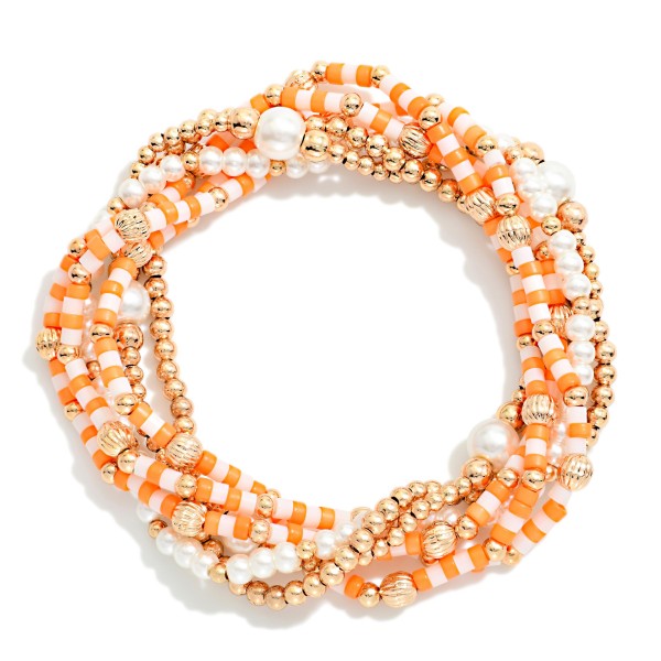 Set Of 6 Gameday Beaded Stretch Bracelets Featuring Heishi Beads, Pearls, & Metal Tones 

- Approximately 2.5" D