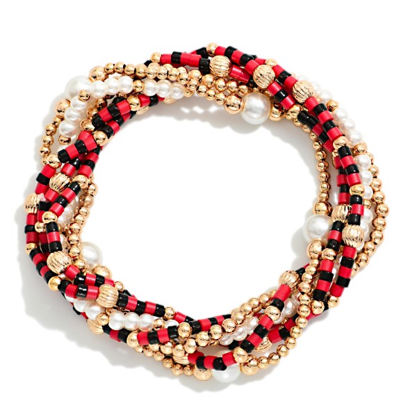 Set Of 6 Gameday Beaded Stretch Bracelets Featuring Heishi Beads, Pearls, & Metal Tones 

- Approximately 2.5" D
