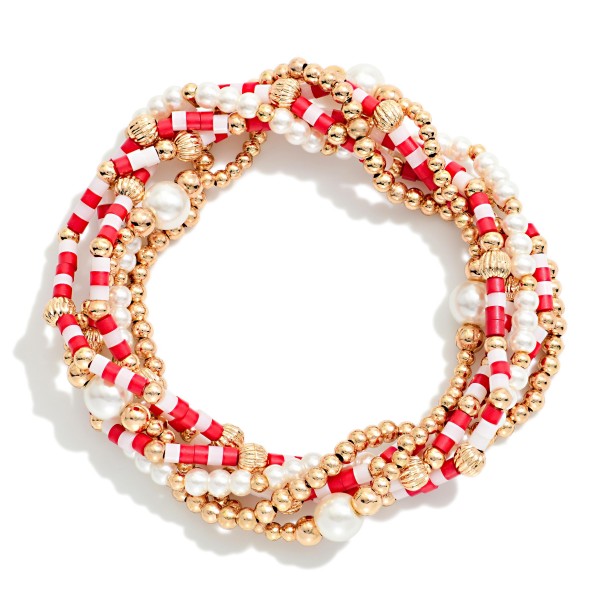 Set Of 6 Gameday Beaded Stretch Bracelets Featuring Heishi Beads, Pearls, & Metal Tones 

- Approximately 2.5" D