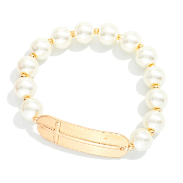 Pearl Beaded Cross Bracelet Featuring East West Cross Station 

- Approximately 3" D