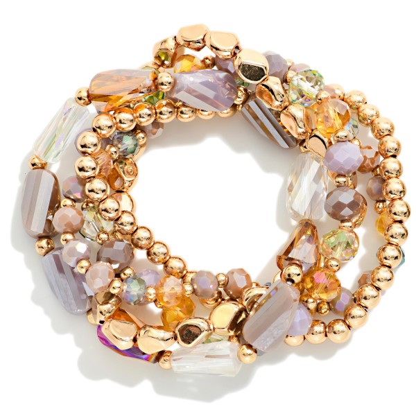 Set Of Five Beaded Stretch Bracelets Featuring Metal Tones & Faceted Beads 

- Approximately 2.5" D