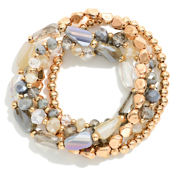 Set Of Five Beaded Stretch Bracelets Featuring Metal Tones & Faceted Beads 

- Approximately 2.5" D