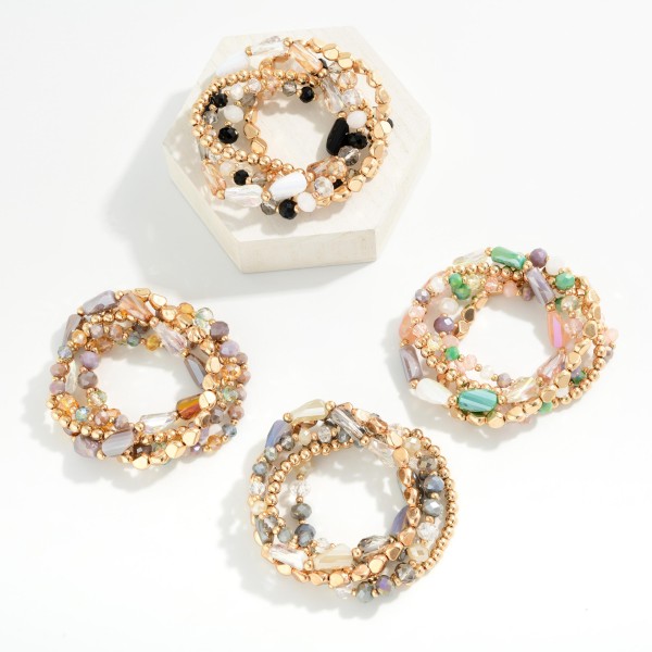 Set Of Five Beaded Stretch Bracelets Featuring Metal Tones & Faceted Beads 

- Approximately 2.5" D