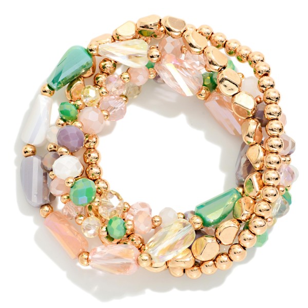 Set Of Five Beaded Stretch Bracelets Featuring Metal Tones & Faceted Beads 

- Approximately 2.5" D