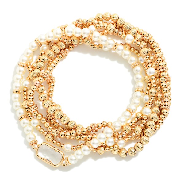Set Of 6 Textured Metal & Pearl Bead Beaded Stretch Bracelets Featuring Glass Crystal Detail 

- Approximately 2.5" D