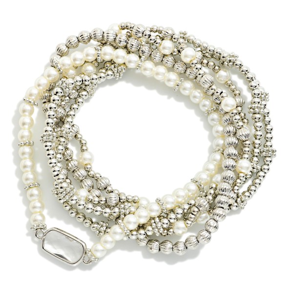 Set Of 6 Textured Metal & Pearl Bead Beaded Stretch Bracelets Featuring Glass Crystal Detail 

- Approximately 2.5" D