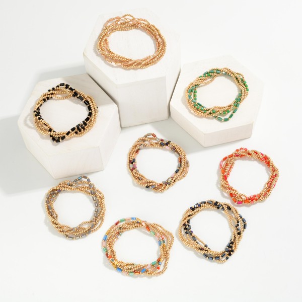 Set Of 5 Metal Tone Petite Bead & Cylinder Bead Beaded Stretch Bracelets

- Approximately 2.5" D 