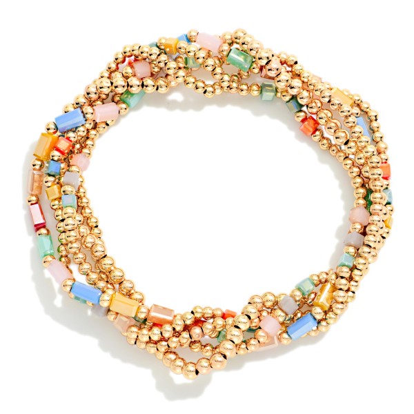 Set Of 5 Metal Tone Petite Bead & Cylinder Bead Beaded Stretch Bracelets

- Approximately 2.5" D 