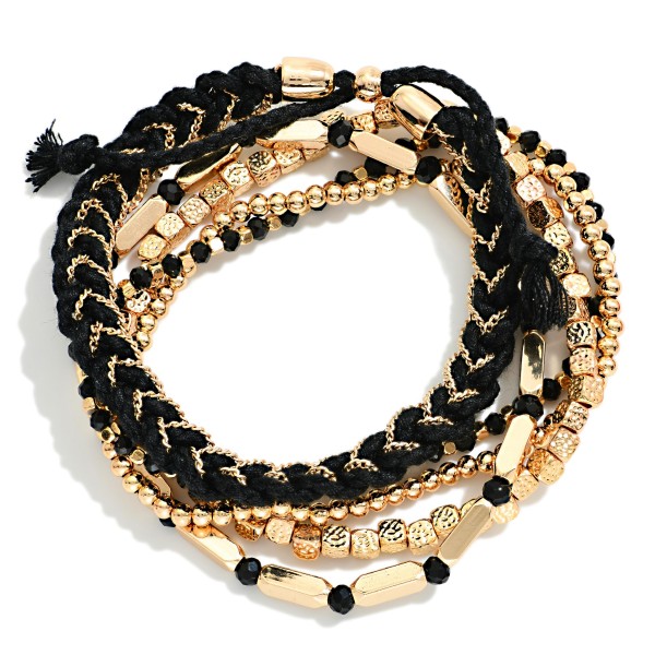 Set Of 5 Metal Tone Bead & Braided String Stretch Bracelets 

- Approximately 2.5" D