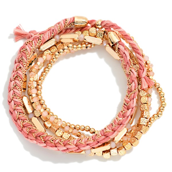 Set Of 5 Metal Tone Bead & Braided String Stretch Bracelets 

- Approximately 2.5" D