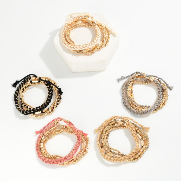 Set Of 5 Metal Tone Bead & Braided String Stretch Bracelets 

- Approximately 2.5" D