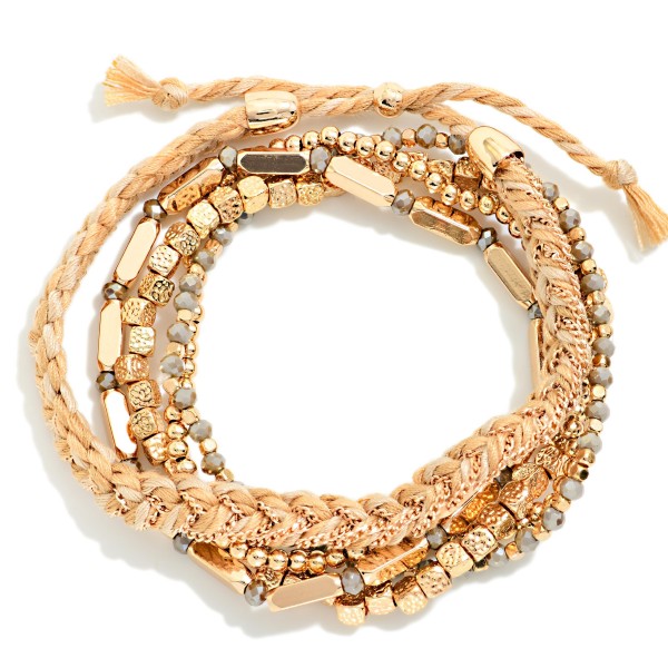 Set Of 5 Metal Tone Bead & Braided String Stretch Bracelets 

- Approximately 2.5" D