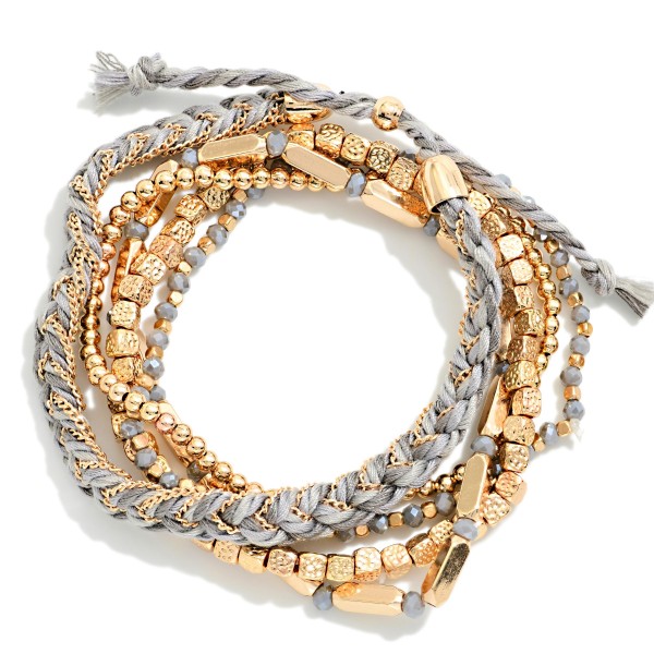 Set Of 5 Metal Tone Bead & Braided String Stretch Bracelets 

- Approximately 2.5" D