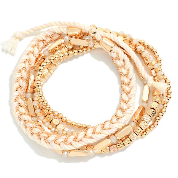 Set Of 5 Metal Tone Bead & Braided String Stretch Bracelets 

- Approximately 2.5" D