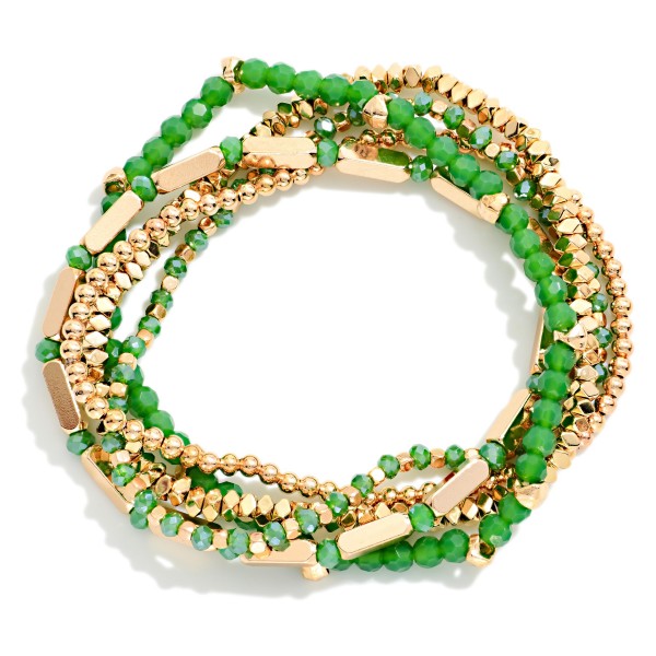 Set Of 5 Beaded Stretch Bracelets Featuring Metal Tones & Faceted Beads

- Approximately 2.5" D 