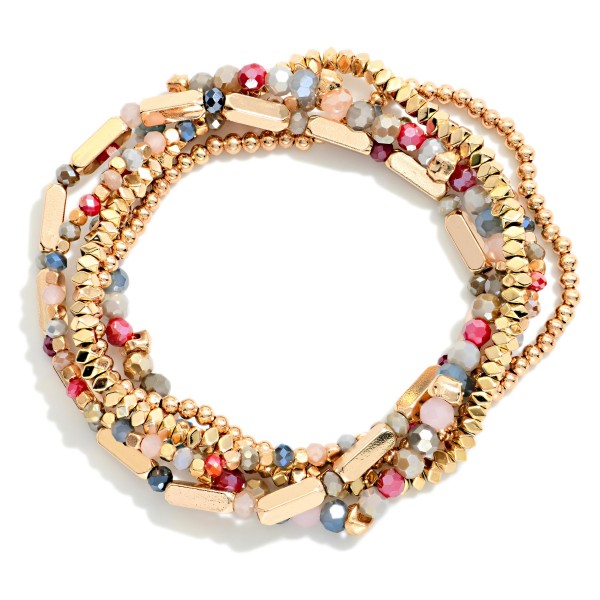 Set Of 5 Beaded Stretch Bracelets Featuring Metal Tones & Faceted Beads

- Approximately 2.5" D 