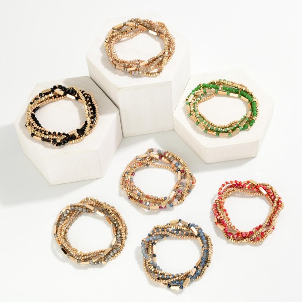 Set Of 5 Beaded Stretch Bracelets Featuring Metal Tones & Faceted Beads

- Approximately 2.5" D 