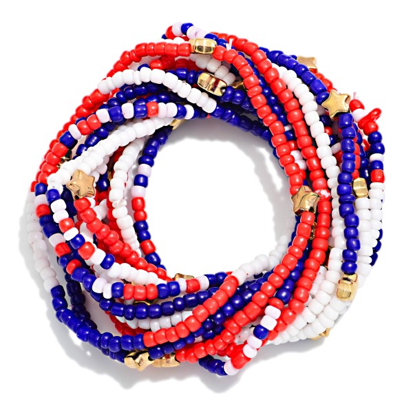 Set Of 14 Seed Bead Americana Stretch Bracelets Featuring Metal Tone Stars 

- Approximately 2.5" D