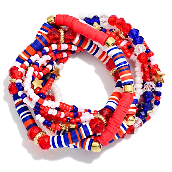 Set Of Ten Americana Beaded Stretch Bracelets Featuring Metal Tone Stars & Heishi Beads 

- Approximately 2.5" D
