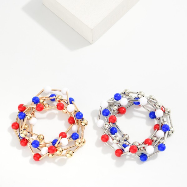 Set Of Five Americana Bead & Metal Tone Tube Beaded Stretch Bracelets 

- Approximately 2.5" D