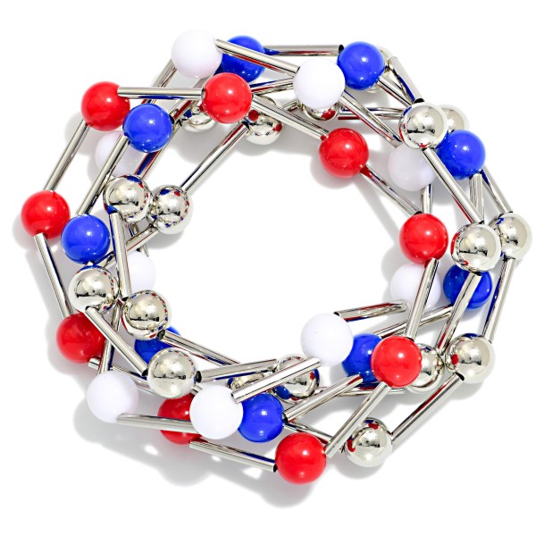 Set Of Five Americana Bead & Metal Tone Tube Beaded Stretch Bracelets 

- Approximately 2.5" D