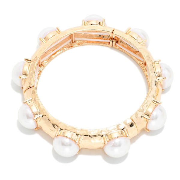 Hammered Metal & Pearl Dome Bangle Stretch Bracelet 

- Approximately 3.5"D