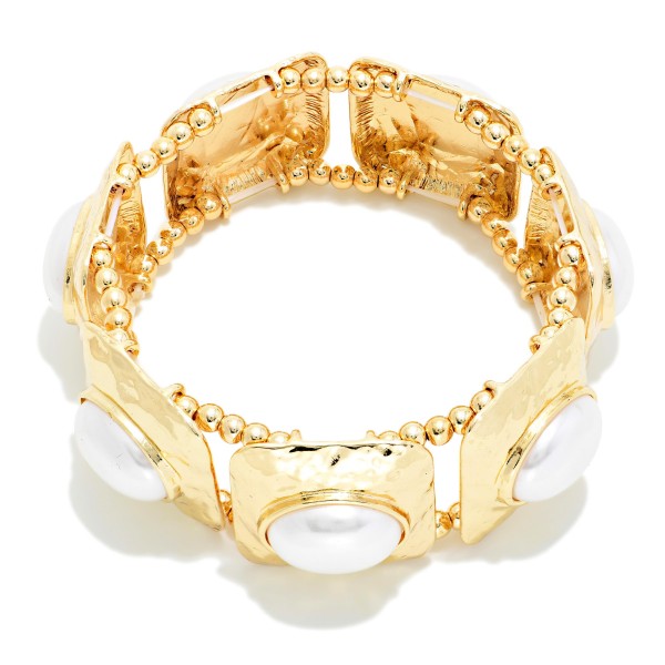 Hammered Metal & Pearl Bangle Stretch Bracelet 

- Approximately 3.5"D