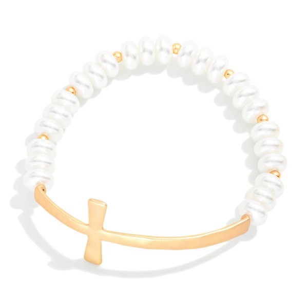 Flat Pearl Beaded Stretch Bracelet Featuring Hammered Metal East West Cross 

- Approximately 2.5" D