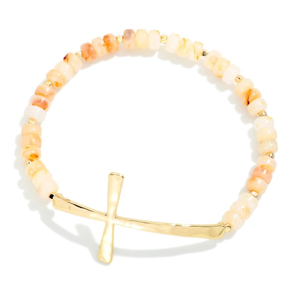 Petite Acetate Bead Beaded Stretch Bracelet Featuring Metal Tone East West Cross

- Approximately 2.5" D
