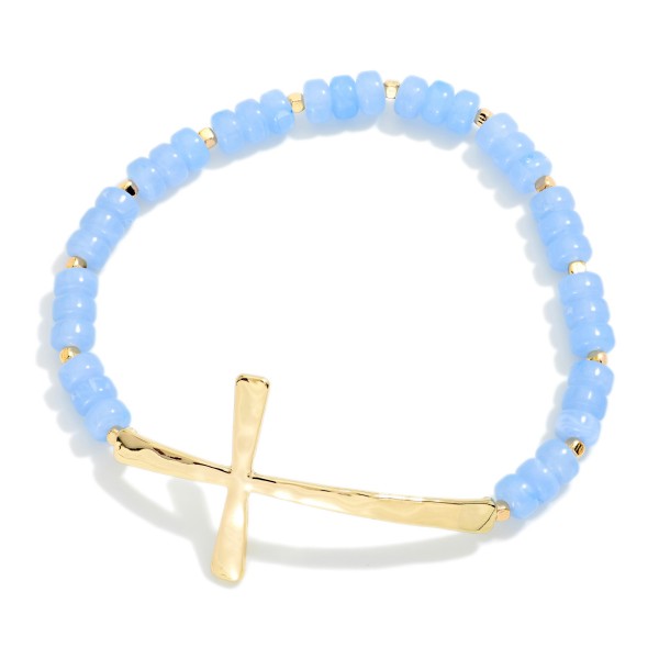 Petite Acetate Bead Beaded Stretch Bracelet Featuring Metal Tone East West Cross

- Approximately 2.5" D